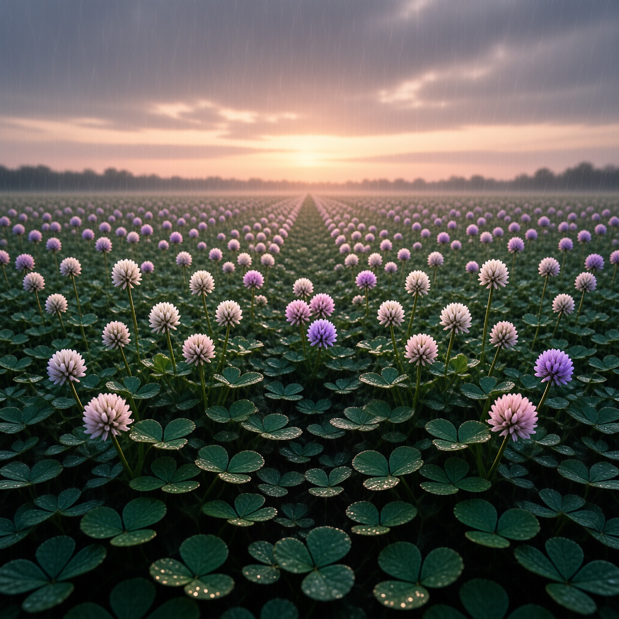 Wet clover plants with spherical pink flowers lead the eye toward a bright sunset on the horizon.
