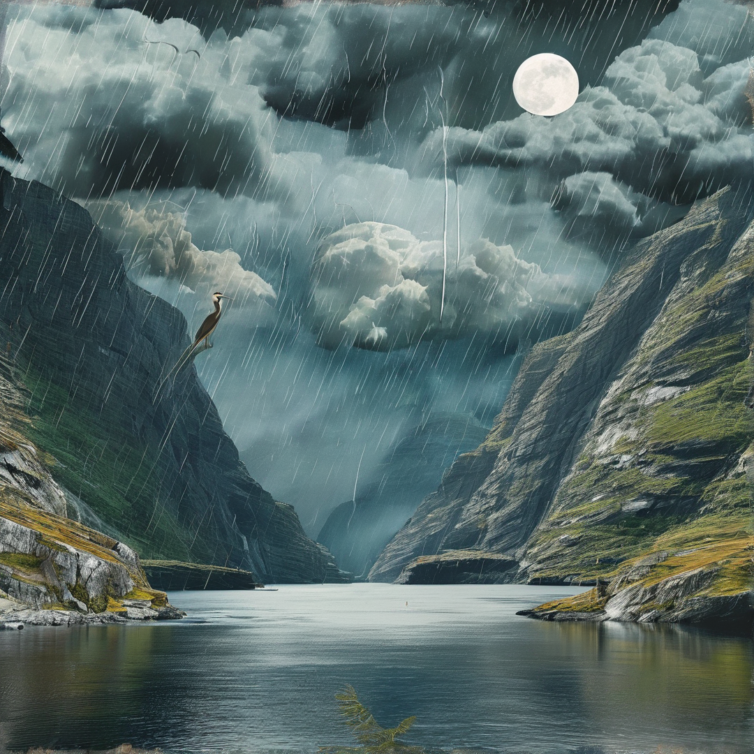A solitary heron stands on a rocky ledge in a steep valley while heavy rain falls beneath a full moon.