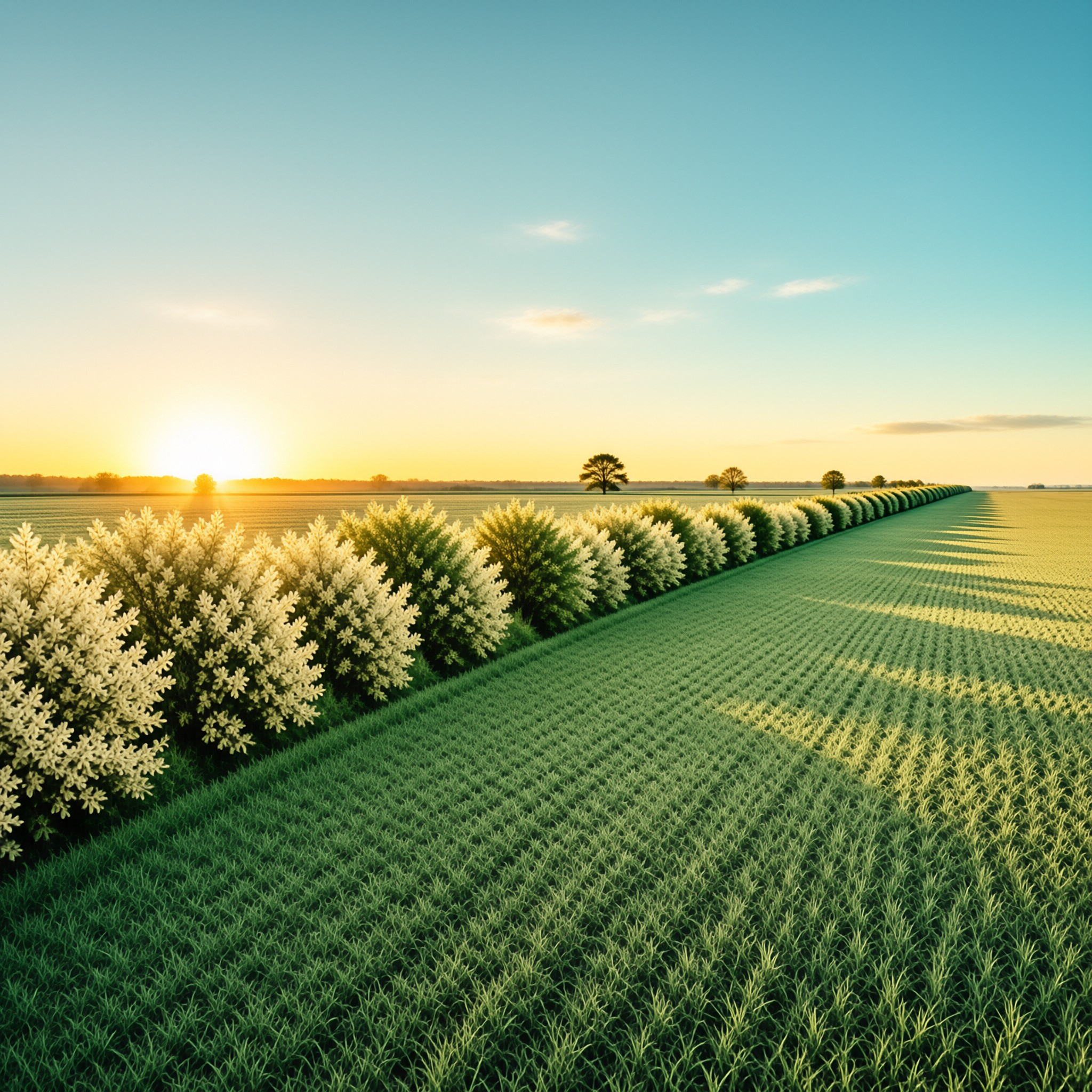 White flowering bushes line a vast green crop field under the warm light of a low sun casting long shadows.