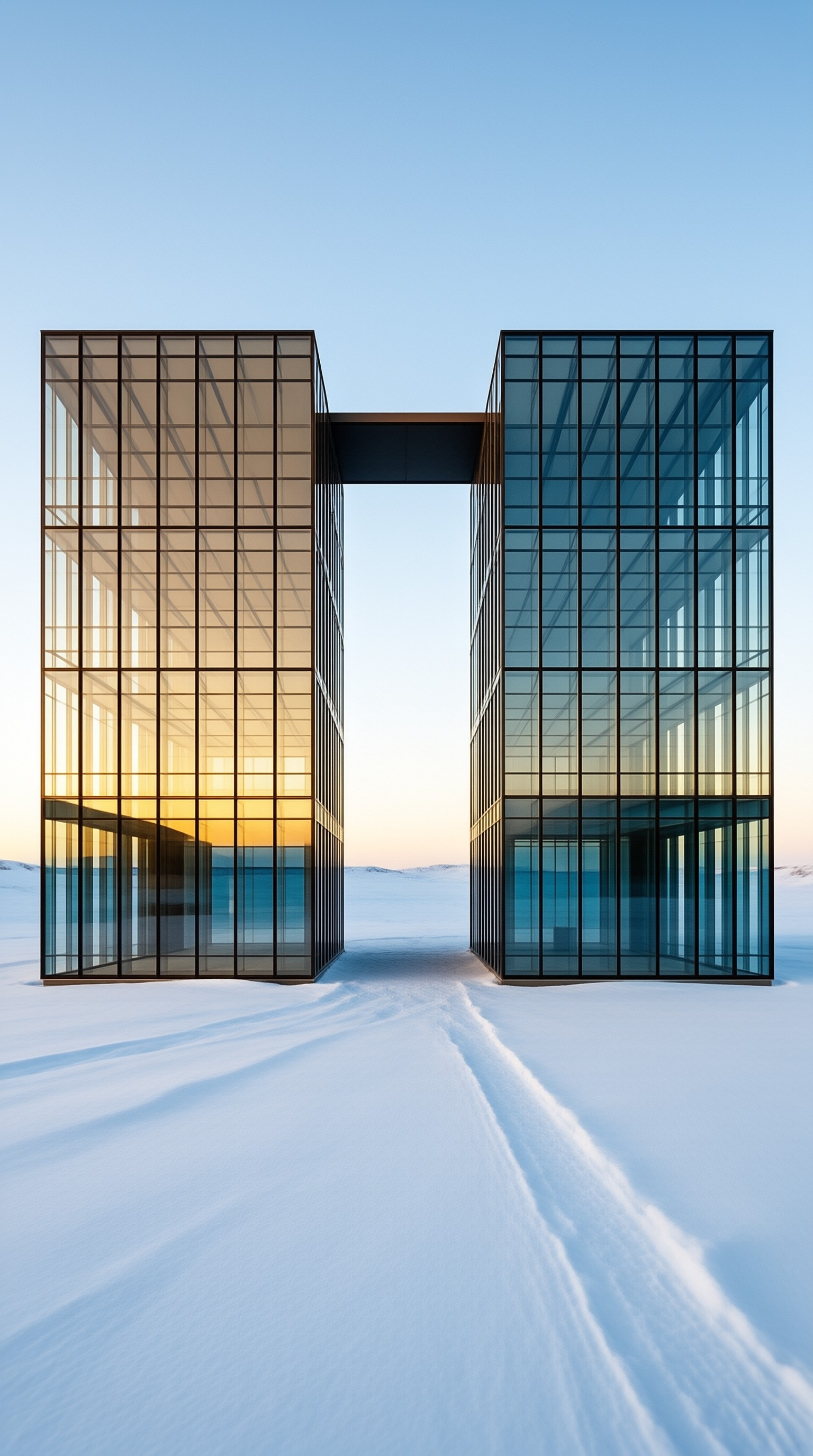 Two transparent rectangular towers linked by a bridge sit amidst a vast white snowy landscape reflecting golden light.