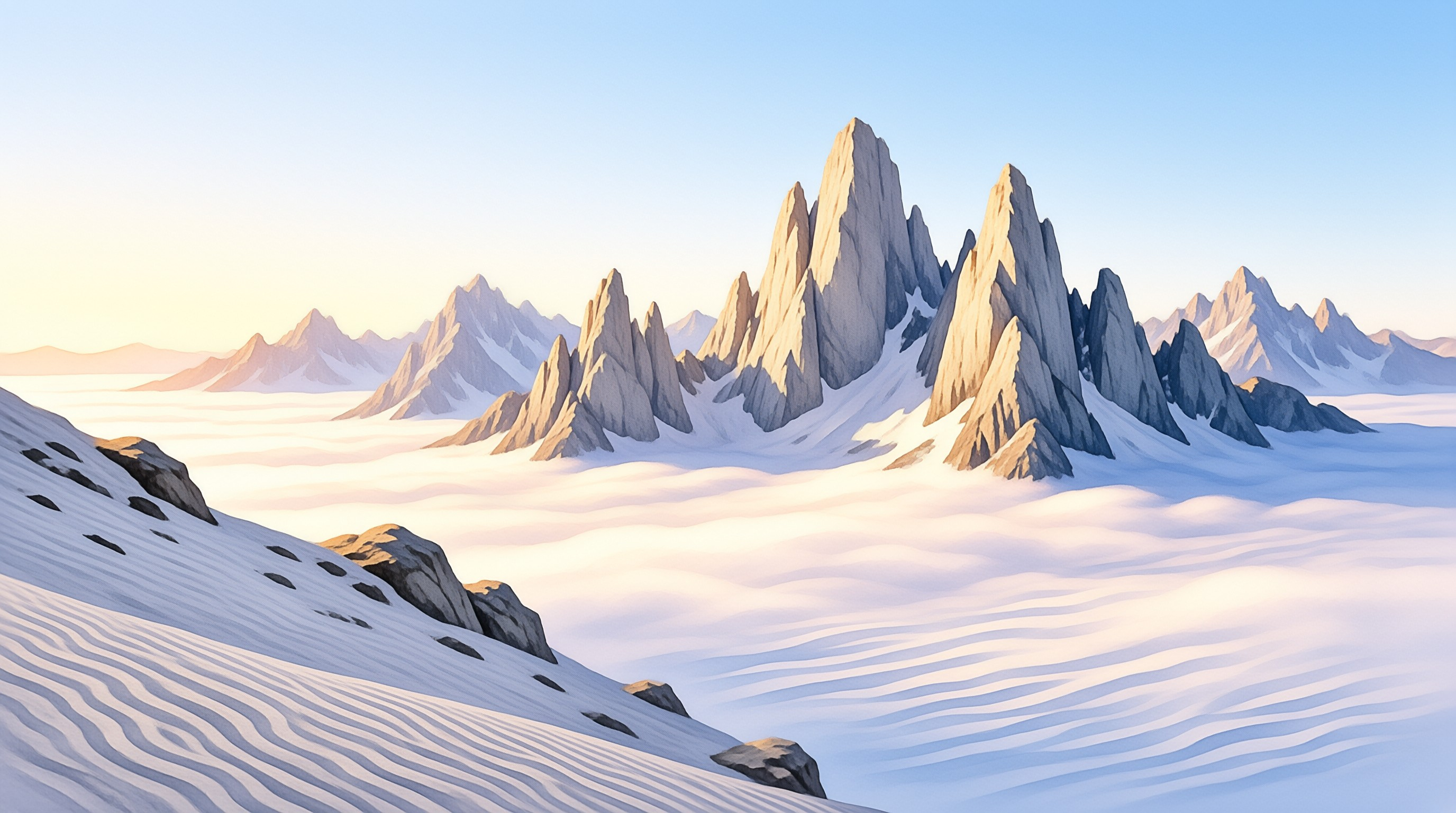 Jagged snow covered mountains stand tall above a thick layer of clouds during sunrise with warm sunlight.