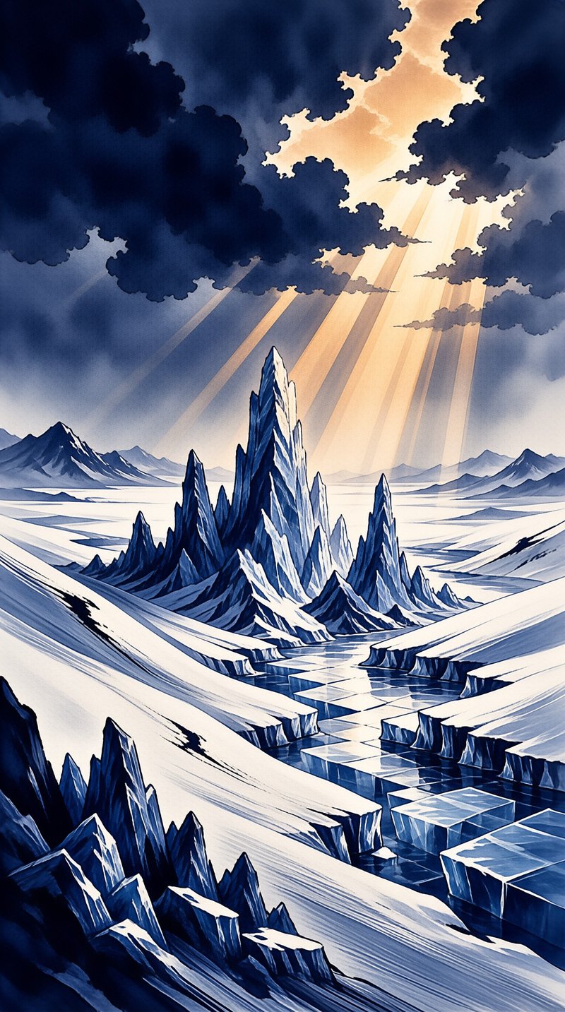 Blue ice mountains rise from a frozen valley as bright light beams pierce dark storm clouds illuminating the landscape.