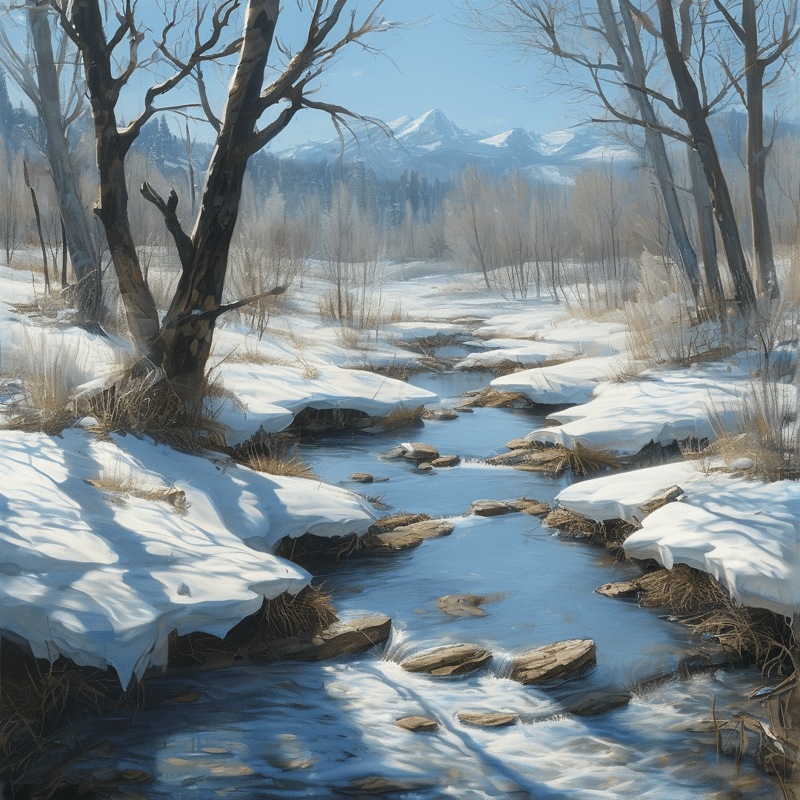Clear water winds through a snowy landscape while leafless trees stand along the banks beneath a bright sky.