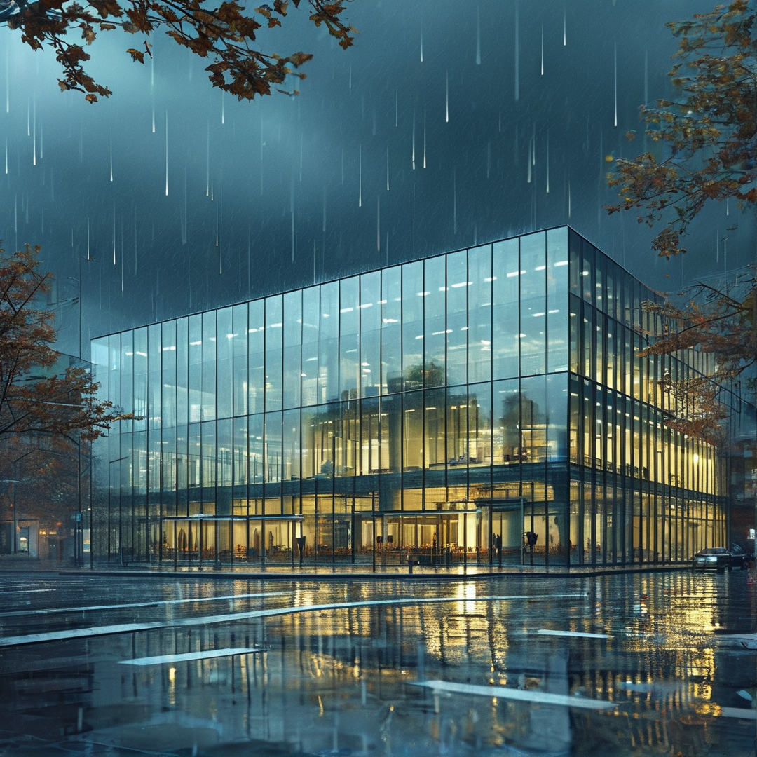 Warm indoor lights illuminate a transparent office building while heavy rain falls on a dark urban street reflecting the glow.