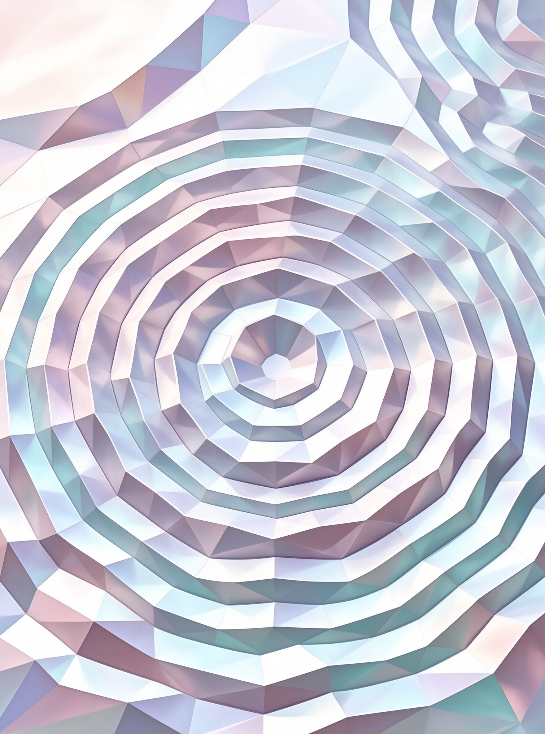 Geometric spiral rings recede inward using faceted pastel surfaces in shades of blue pink and white to create depth.