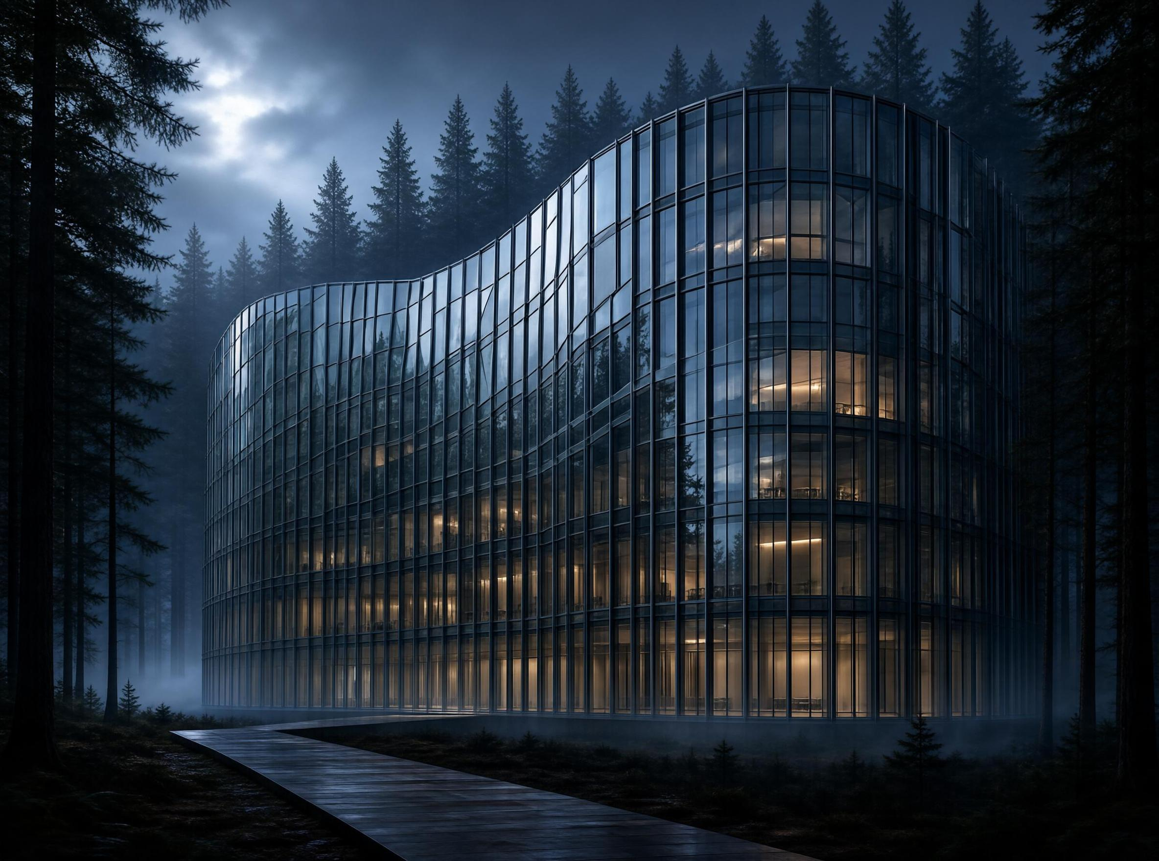 Modern Glass Building in Forest at Night