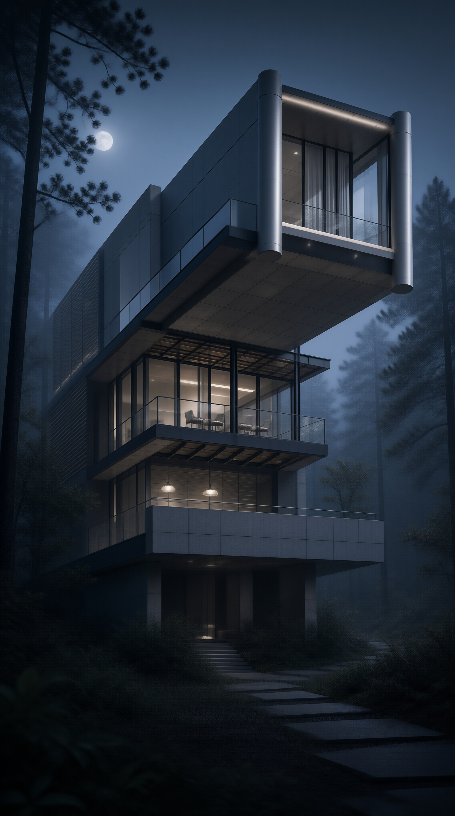 Modern Forest Villa at Night
