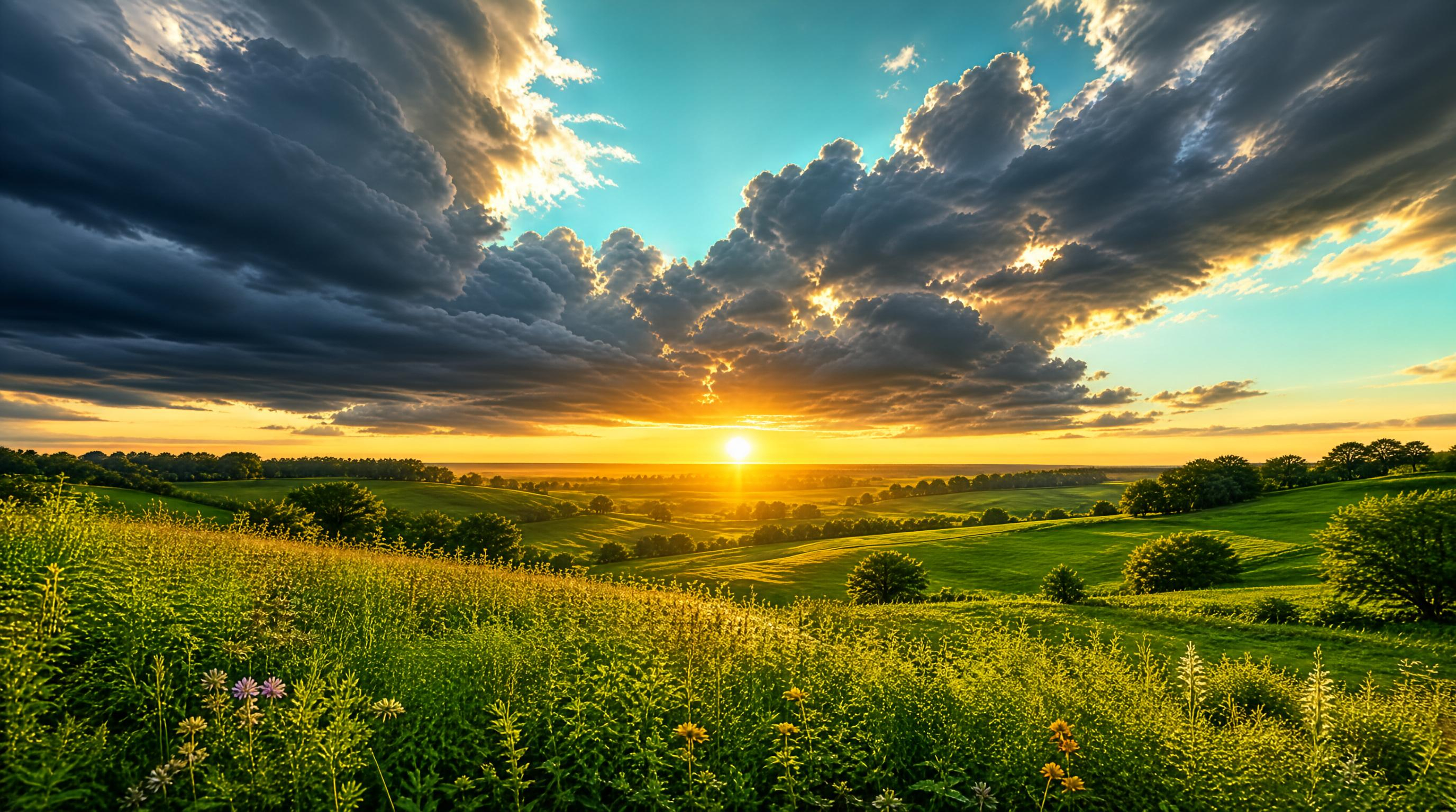 Sunset Over Green Fields