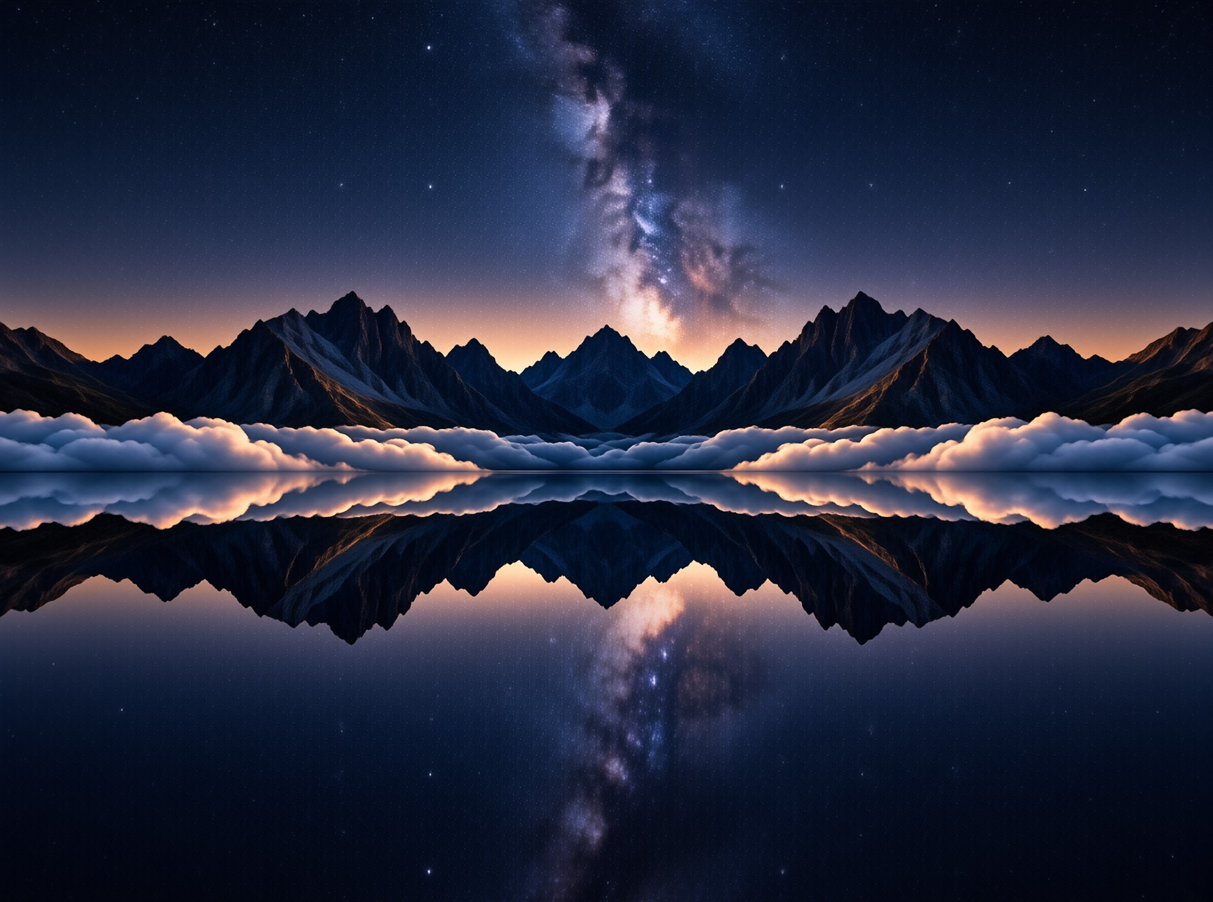 Jagged peaks and a band of clouds double in a glassy lake beneath the galaxy at twilight.