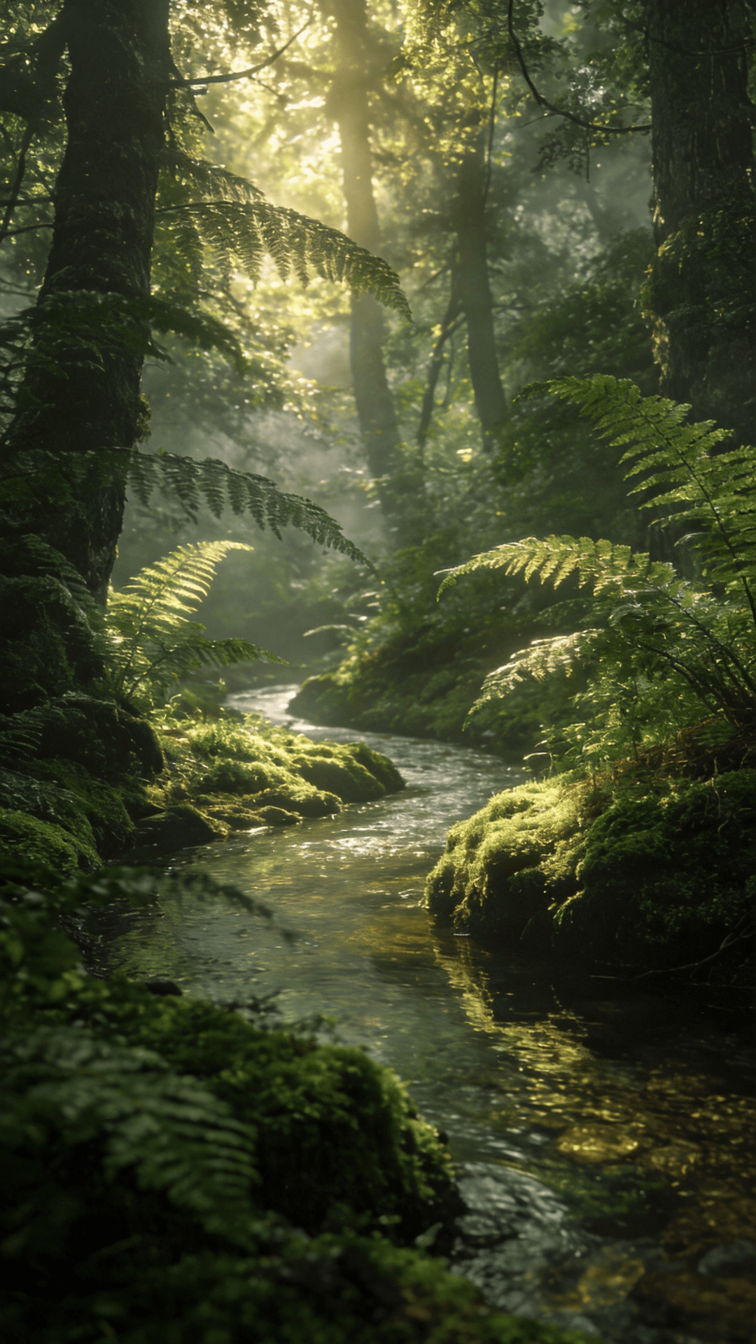 Tranquil Green Forest and Calm Stream
