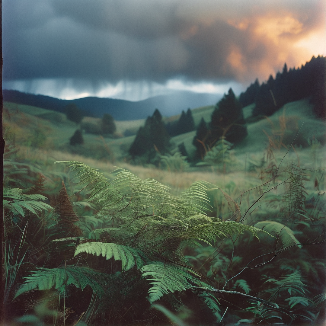 Ferns frame hills and pine trees beneath a sky mixing dark storm clouds with bright sunset light.