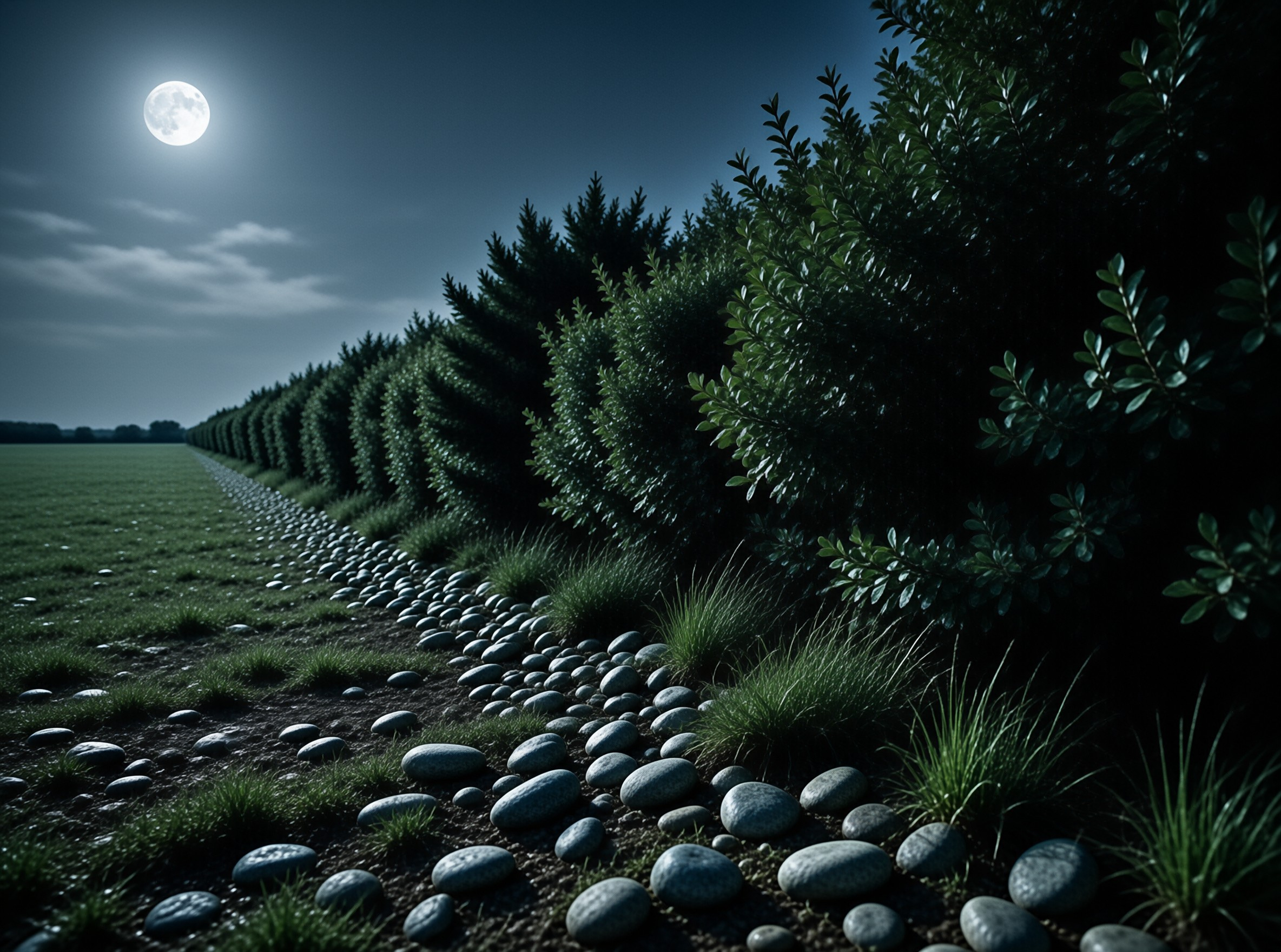 A winding stone path borders a dense green hedge beneath the glow of a large full moon.