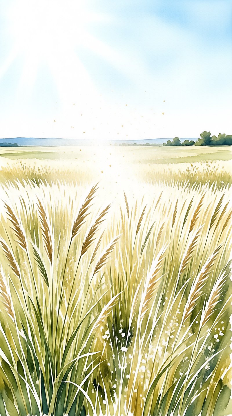 Tall grain stalks painted in soft watercolor washes sway beneath sunbeams breaking over a pale summer field and hills.