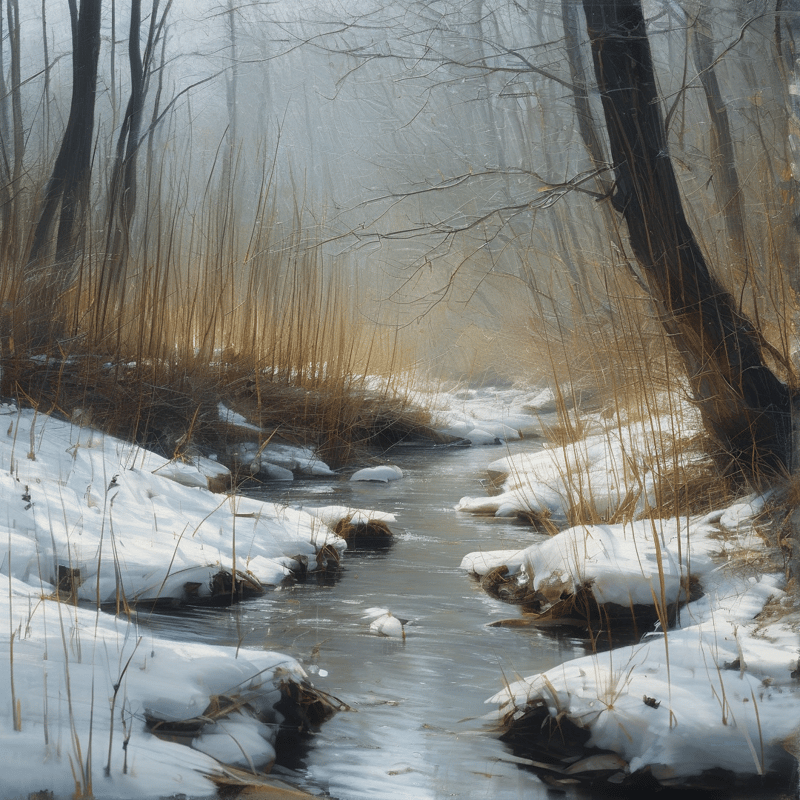 A narrow river flows between snowy banks lined with tall grasses while fog hangs among bare trunks in the misty background.