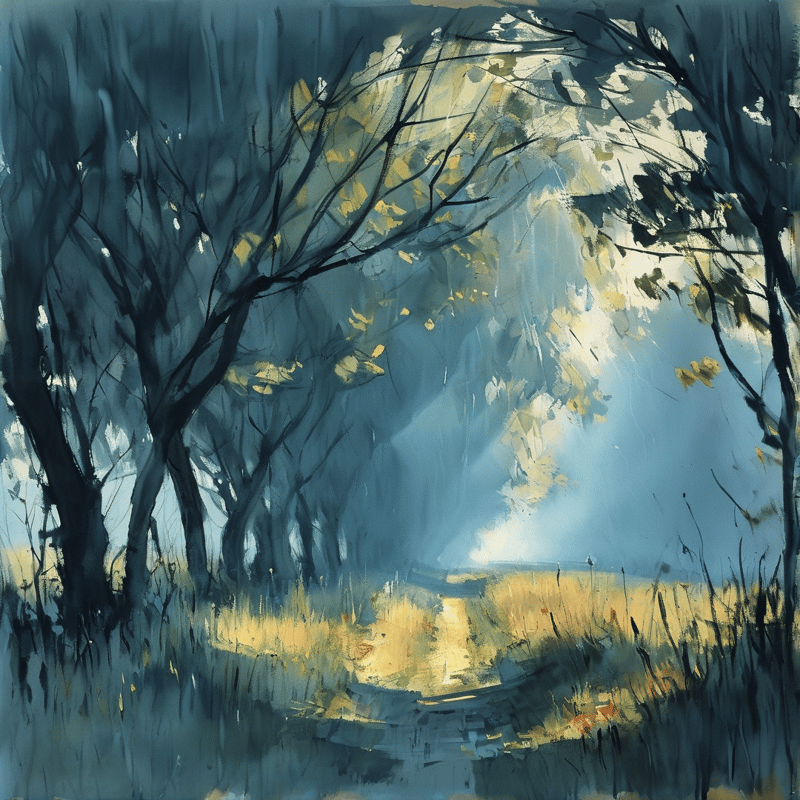 Dark silhouetted trees frame a bright grassy path winding through a misty blue woodland landscape.