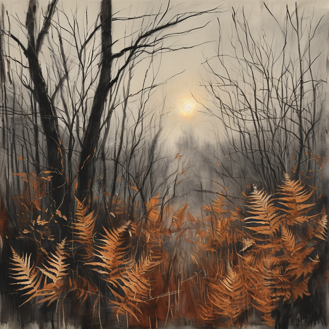 Orange ferns populate the foreground of a foggy woodland while bare dark trees frame a distant bright light source.