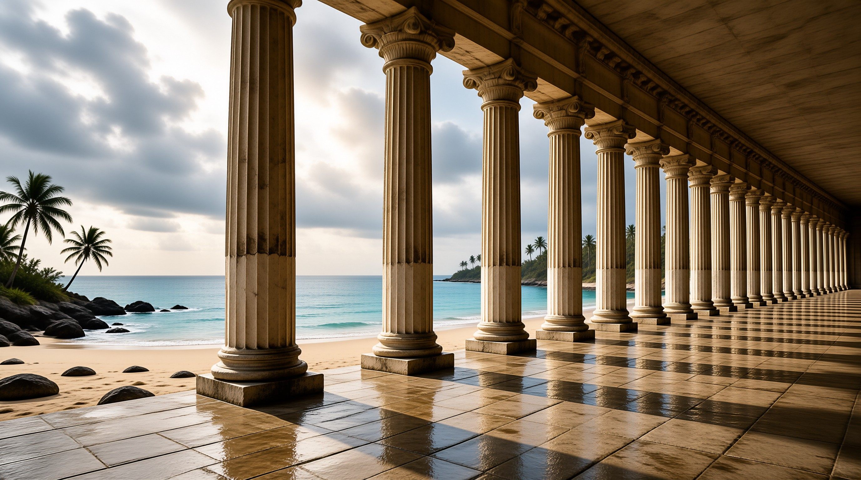 Colonnade Along Wet Beach With Ocean View