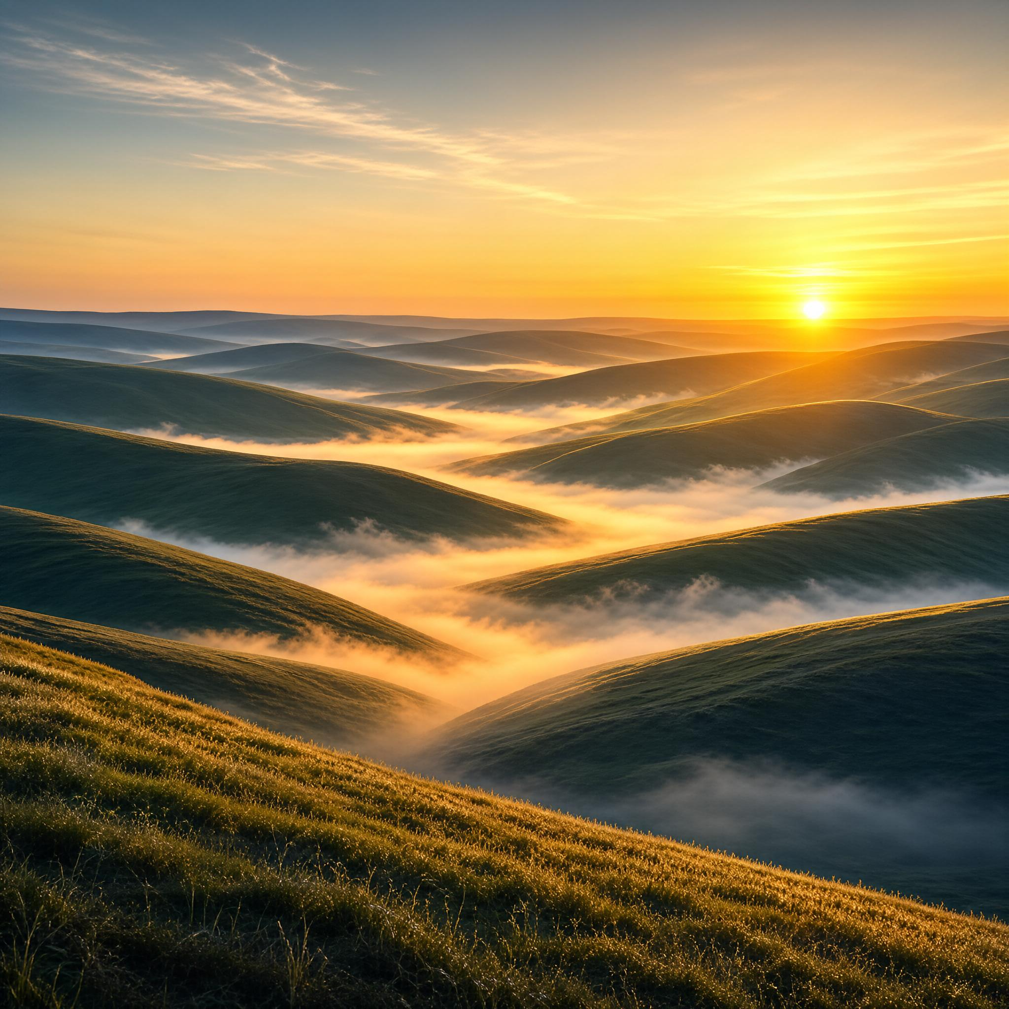 Golden Sunrise Over Misty Hills