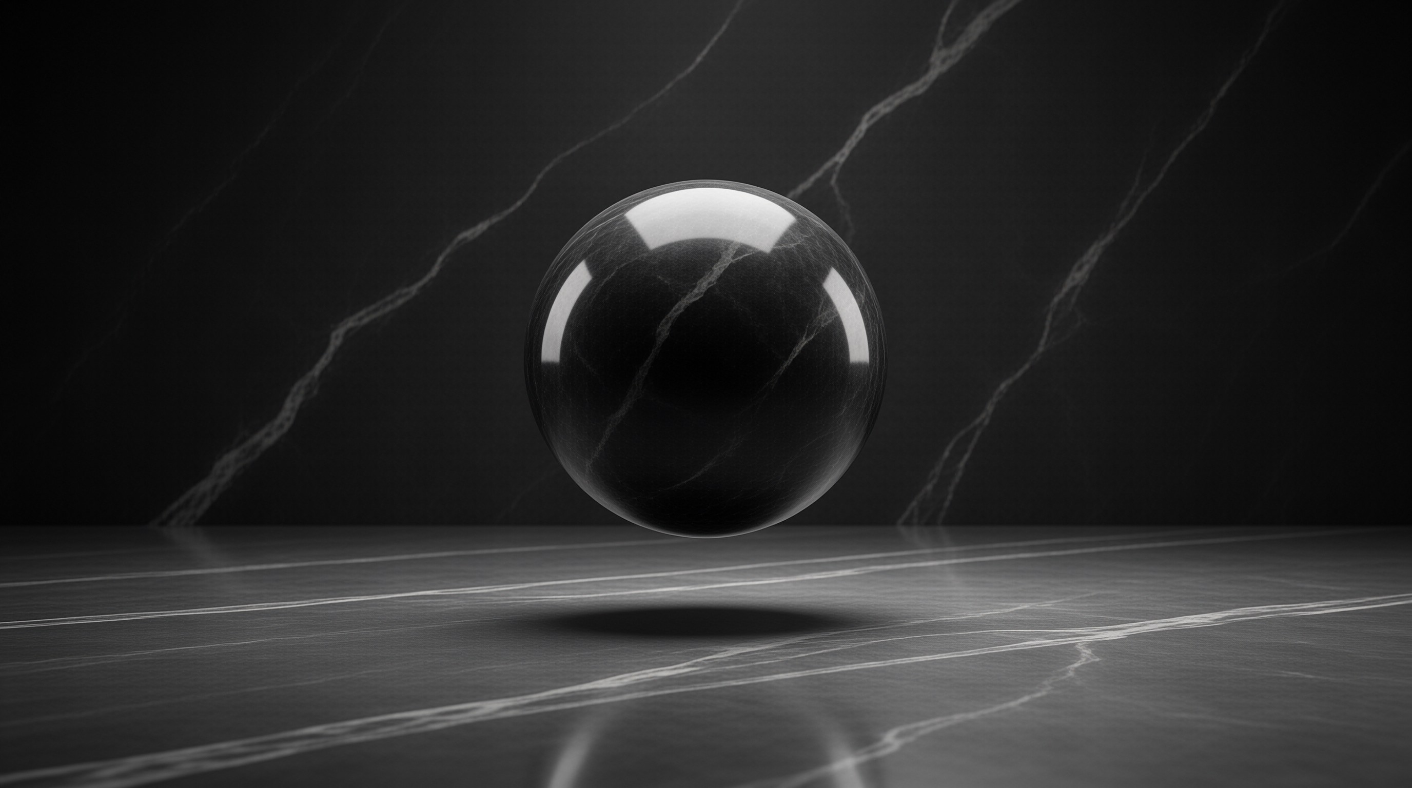 A reflective black sphere floats above a dark marble floor featuring white veins and sharp highlights.