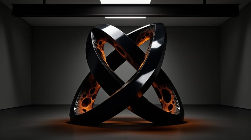 Interlocking black ribbons form a sculpture in a dim room revealing orange cellular patterns inside.
