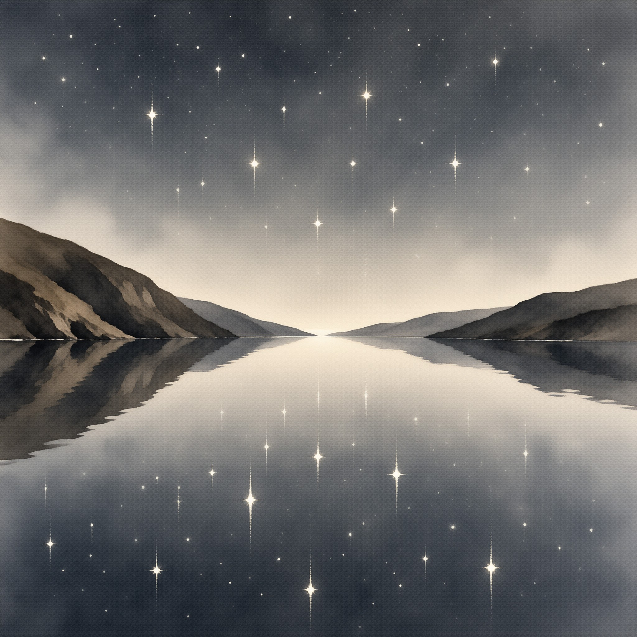 A calm body of water mirrors the dark sky and bright stars between distant mountains under a glowing horizon.