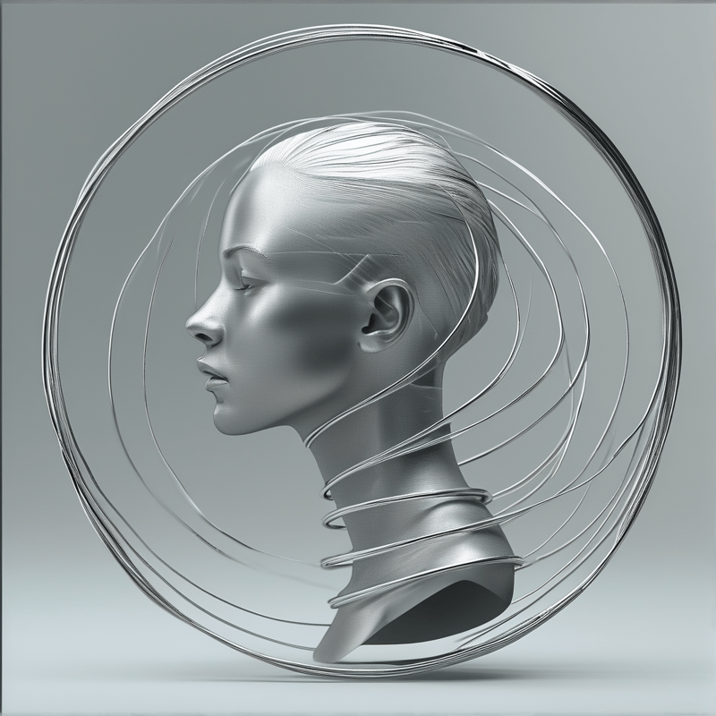 A grayscale profile of a female head surrounded by concentric metallic rings spiraling around the neck in soft studio lighting.