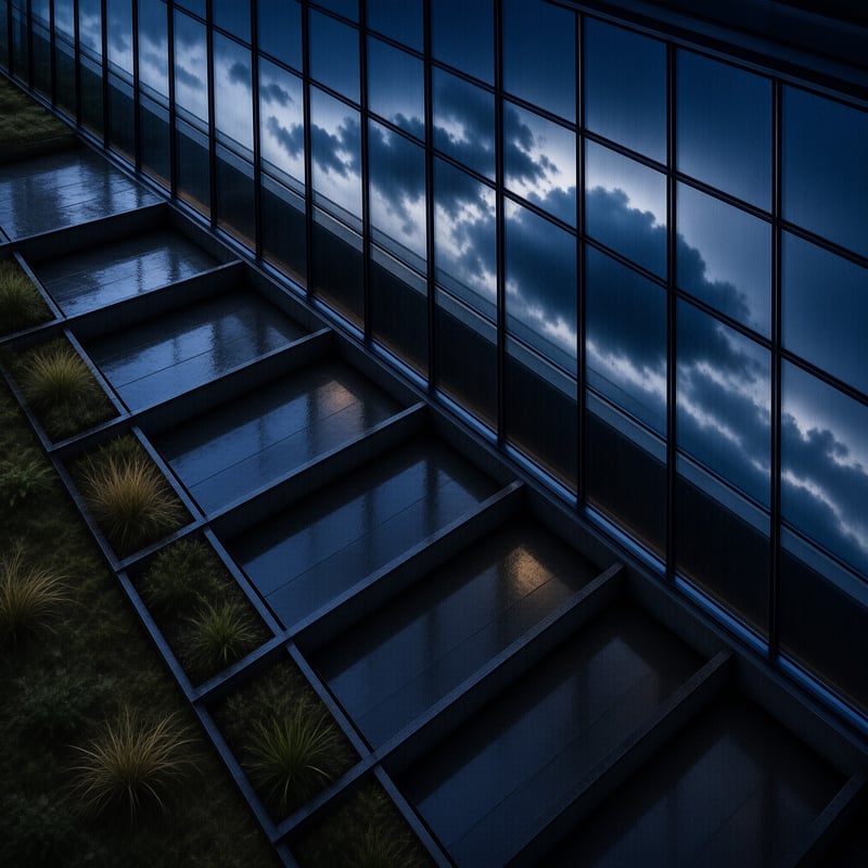 Wet architectural stairs next to a large glass facade reflecting dark storm clouds in deep blue tones.