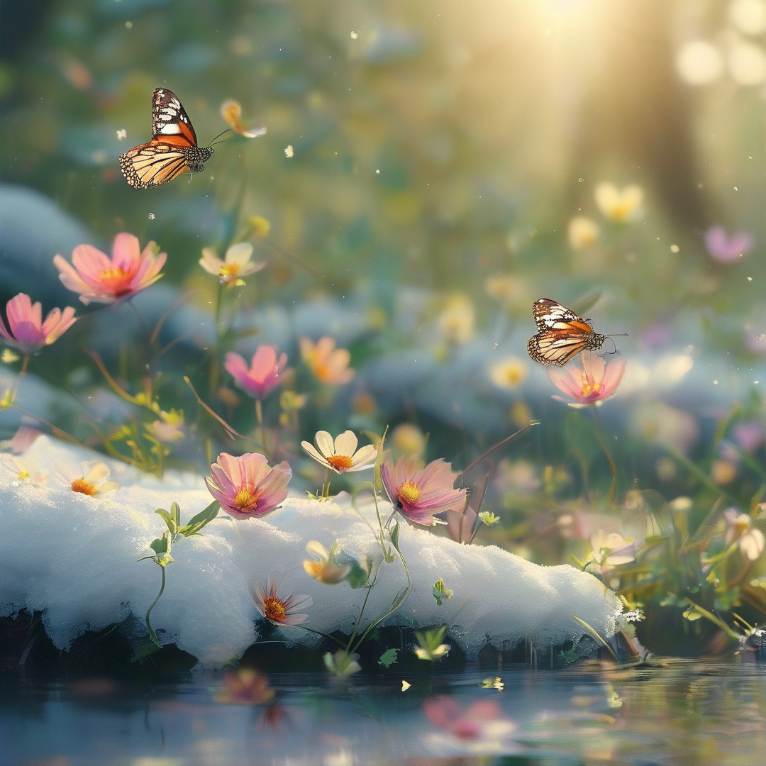 Two orange butterflies fly above pink wildflowers blooming from a snowy bank beside calm water.