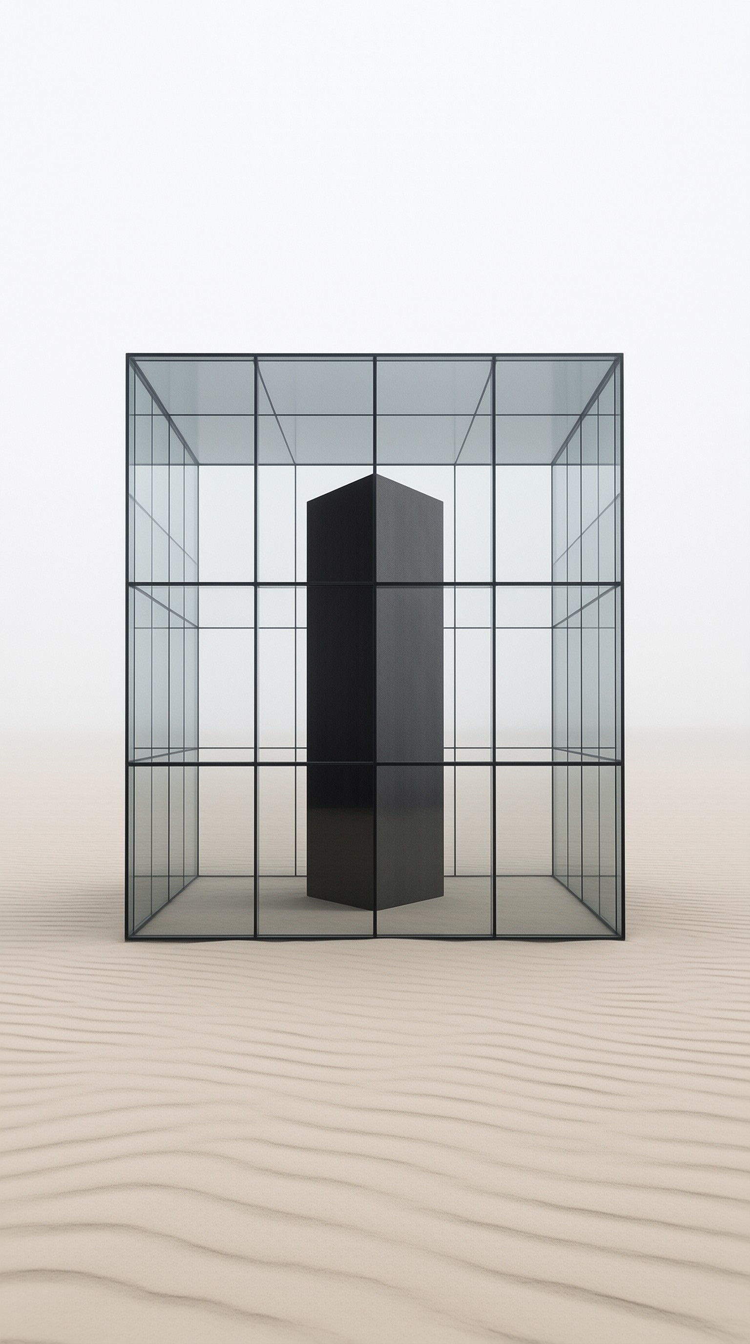 A transparent glass cube structure rests on rippled desert sand with a dark vertical pillar inside under a bright overcast sky