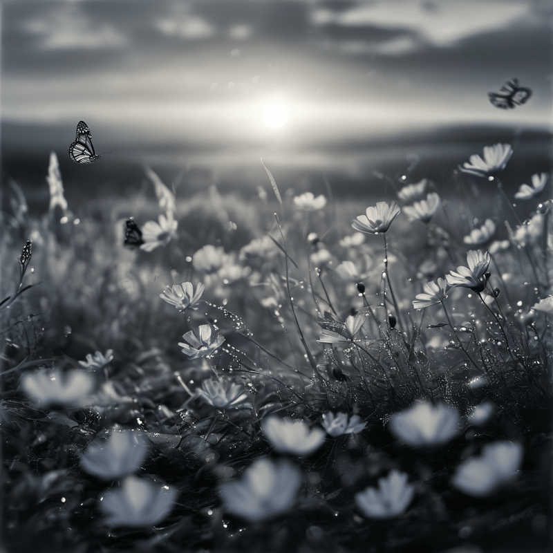 A monochrome view of wildflowers and butterflies in a field illuminated by strong backlighting and bokeh highlights.