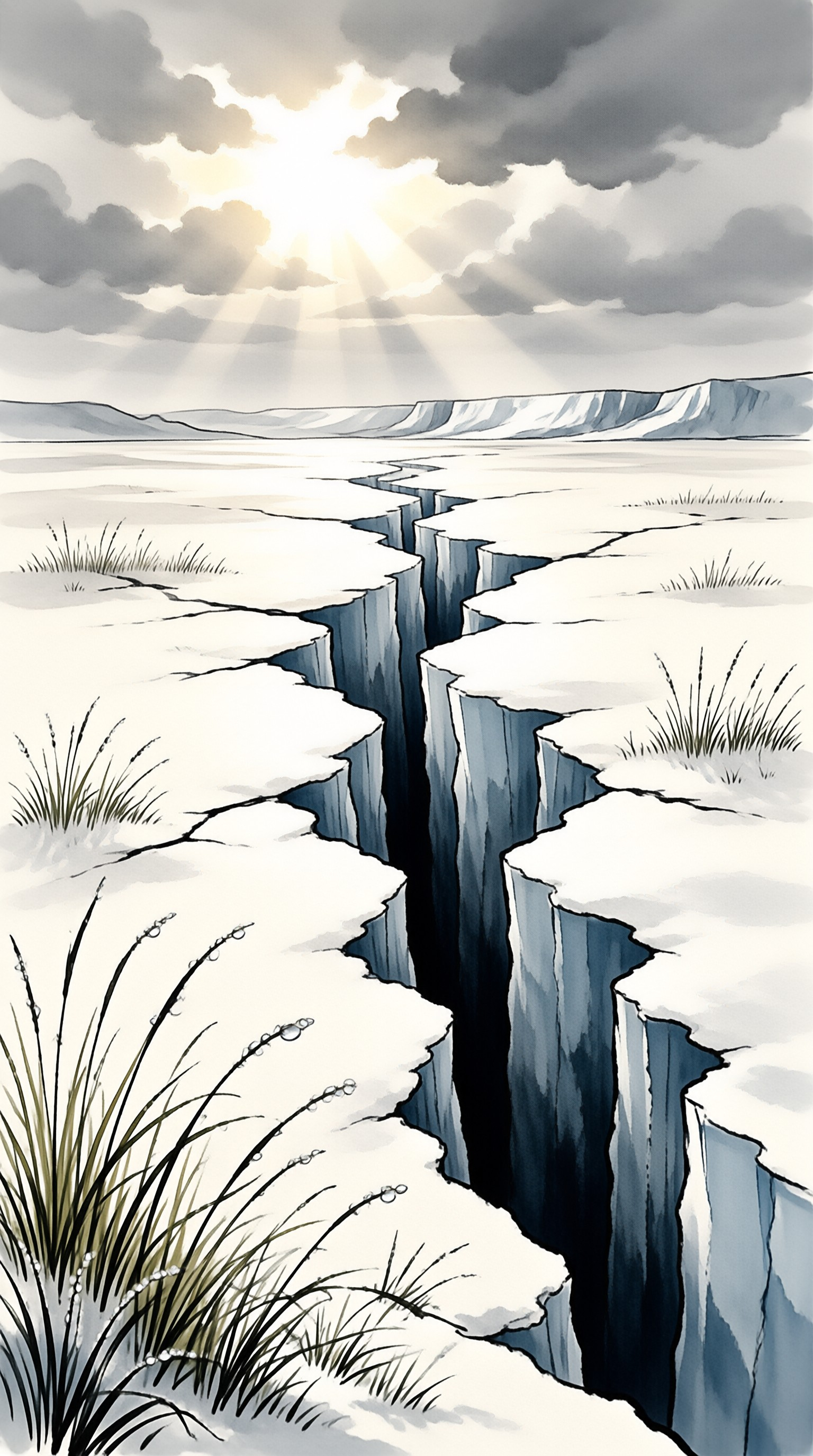 A deep crack splits a pale salt flat while sunbeams pierce heavy grey clouds in an ink wash scene