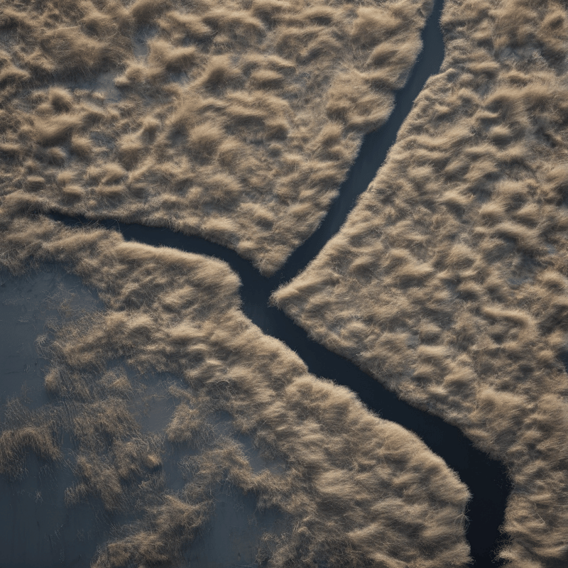 Aerial view of brown tufted grass patches divided by dark winding water channels in a wetland area.