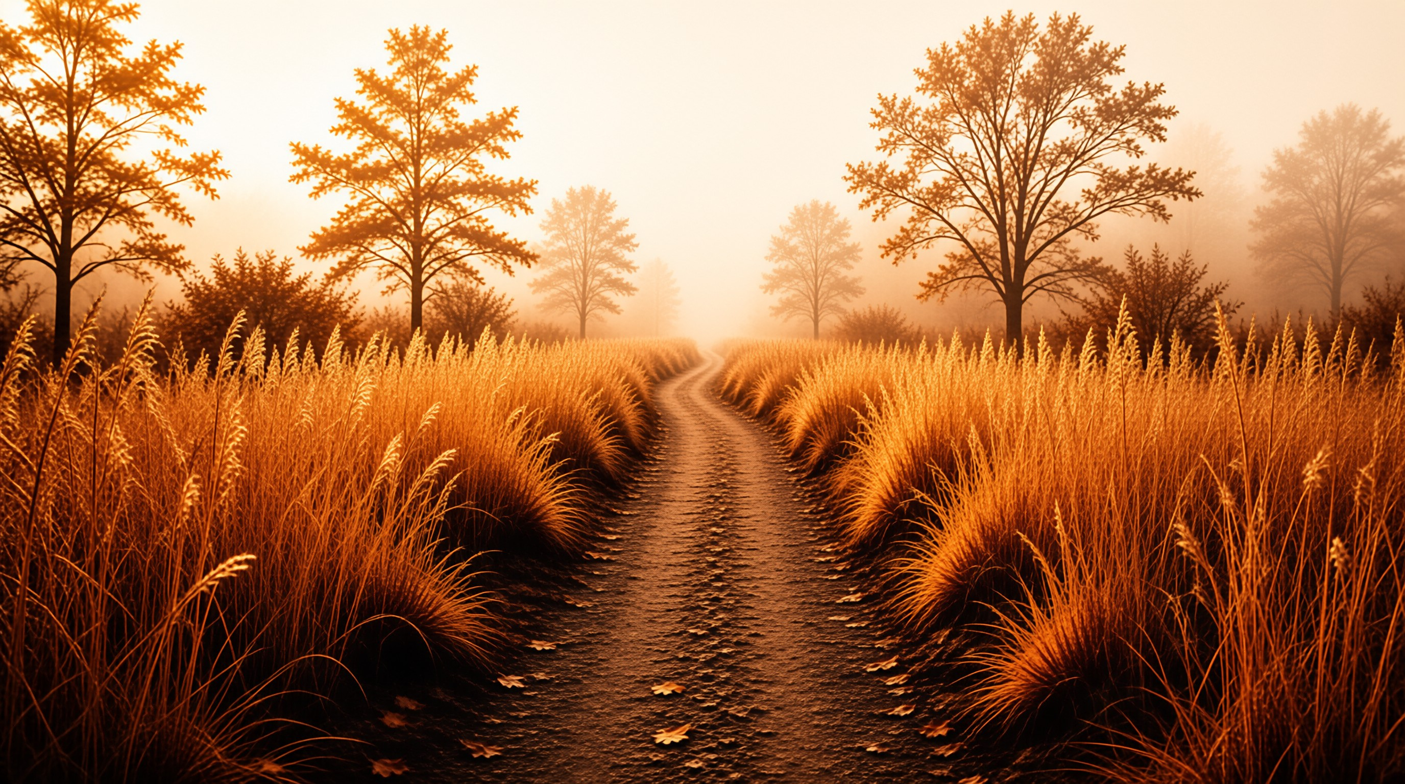 A narrow trail leads into a foggy landscape surrounded by tall dry vegetation and backlit trees.