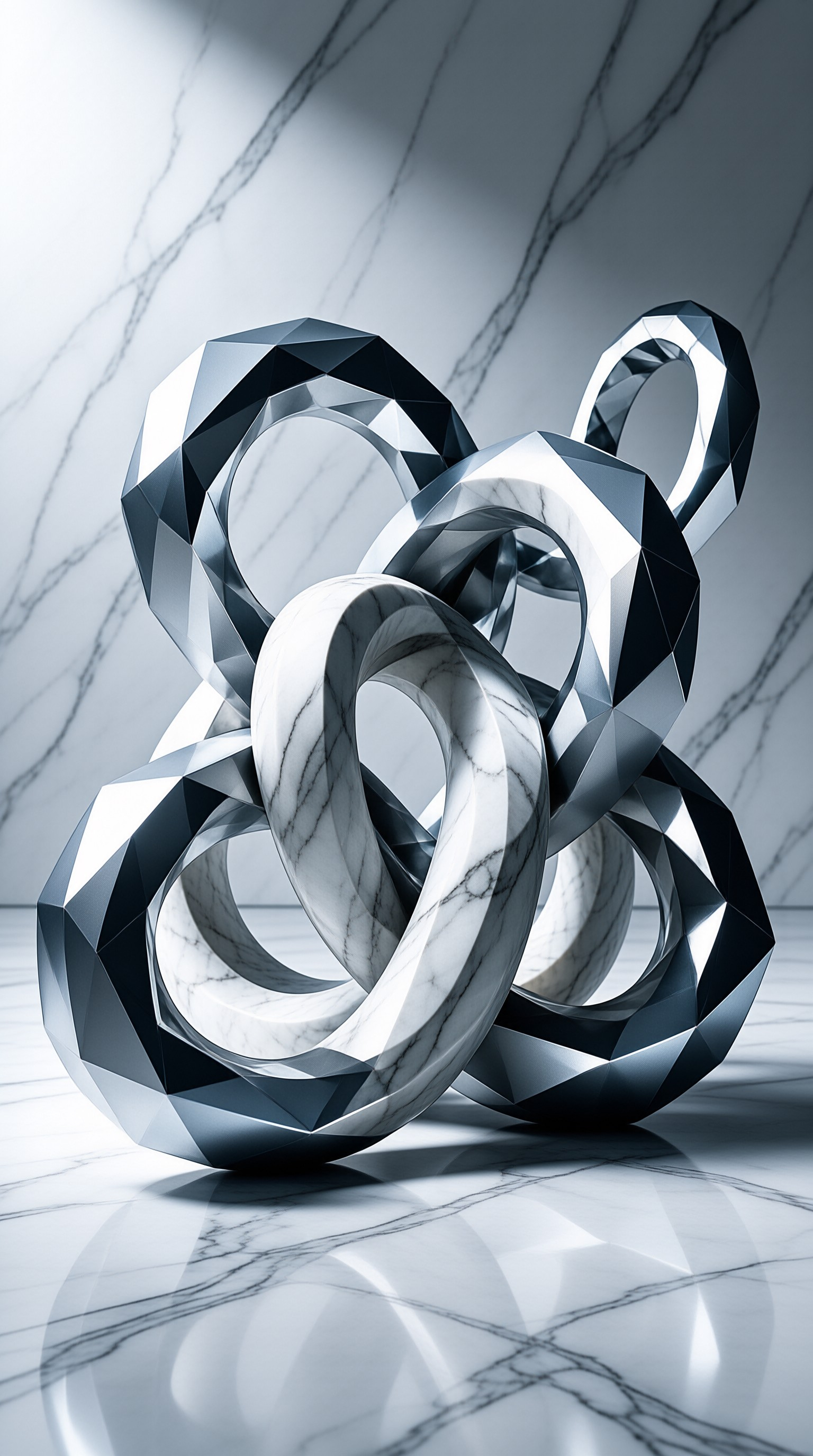 Faceted marble-textured rings interlock on a glossy white stone surface with soft directional lighting