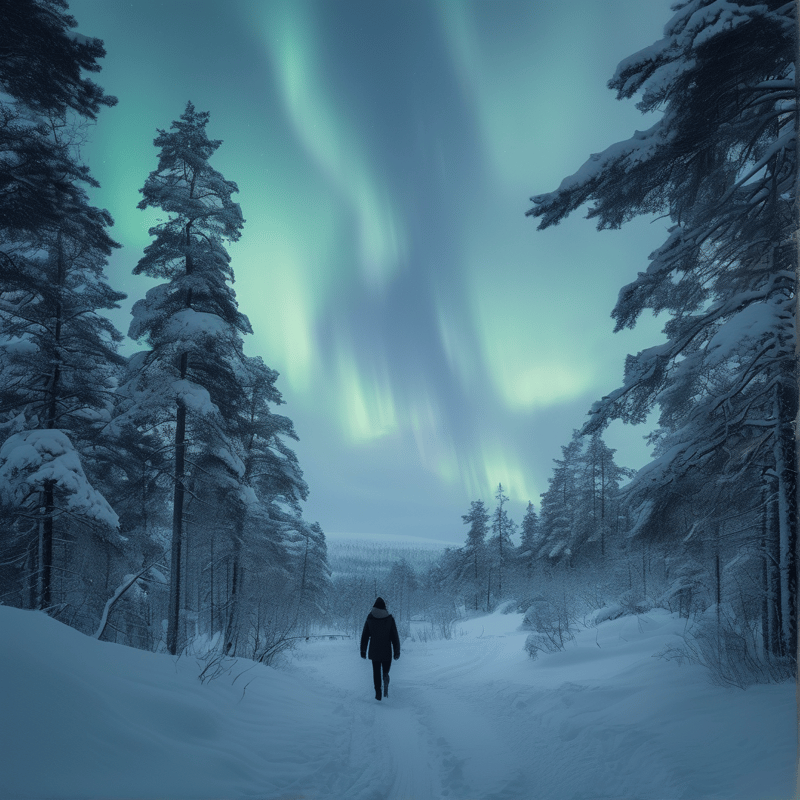 Solitary Walk Under Aurora