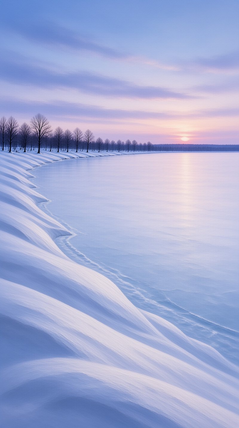A frozen lake stretches beside a snow-covered shore lined with bare trees under a pastel sunset sky.