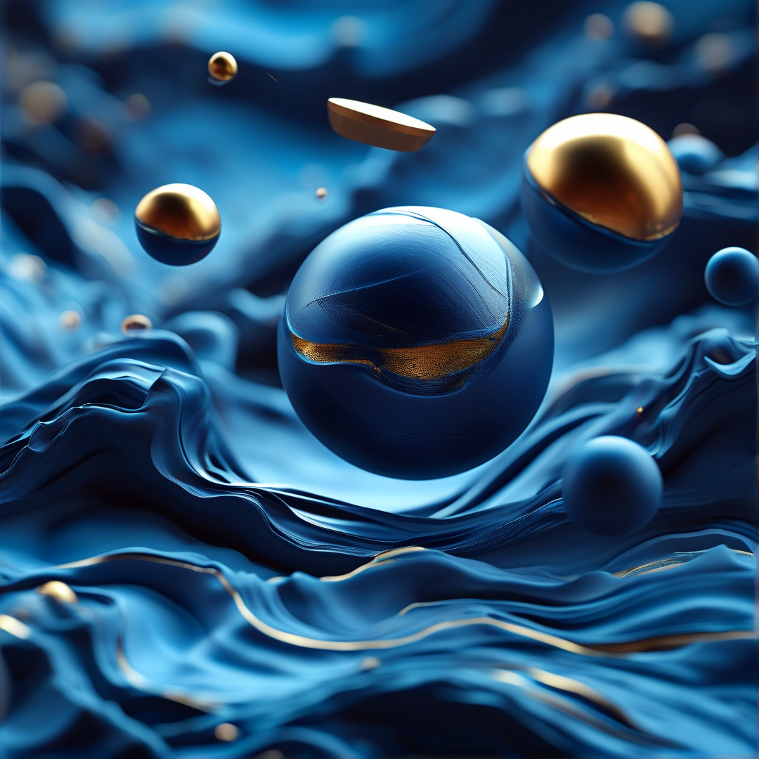 Blue Liquid and Gold Spheres