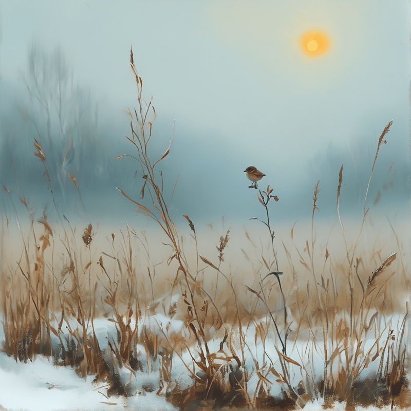 A small brown bird balances on a dried grass stem above patchy snow in a pale misty winter field with a soft sun.