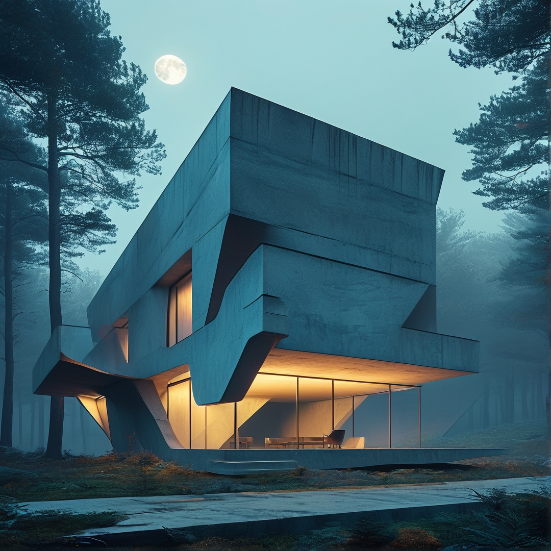 Forest Concrete House at Night