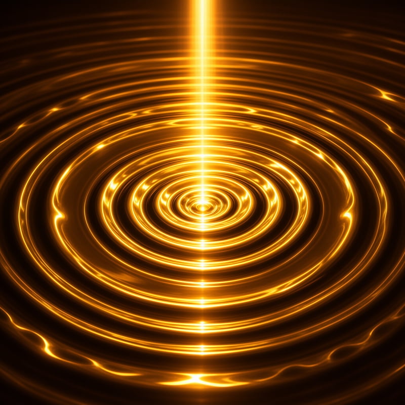 Warm golden concentric ripples spread outward from the center of a liquid surface crossed by a sharp vertical bright light line.