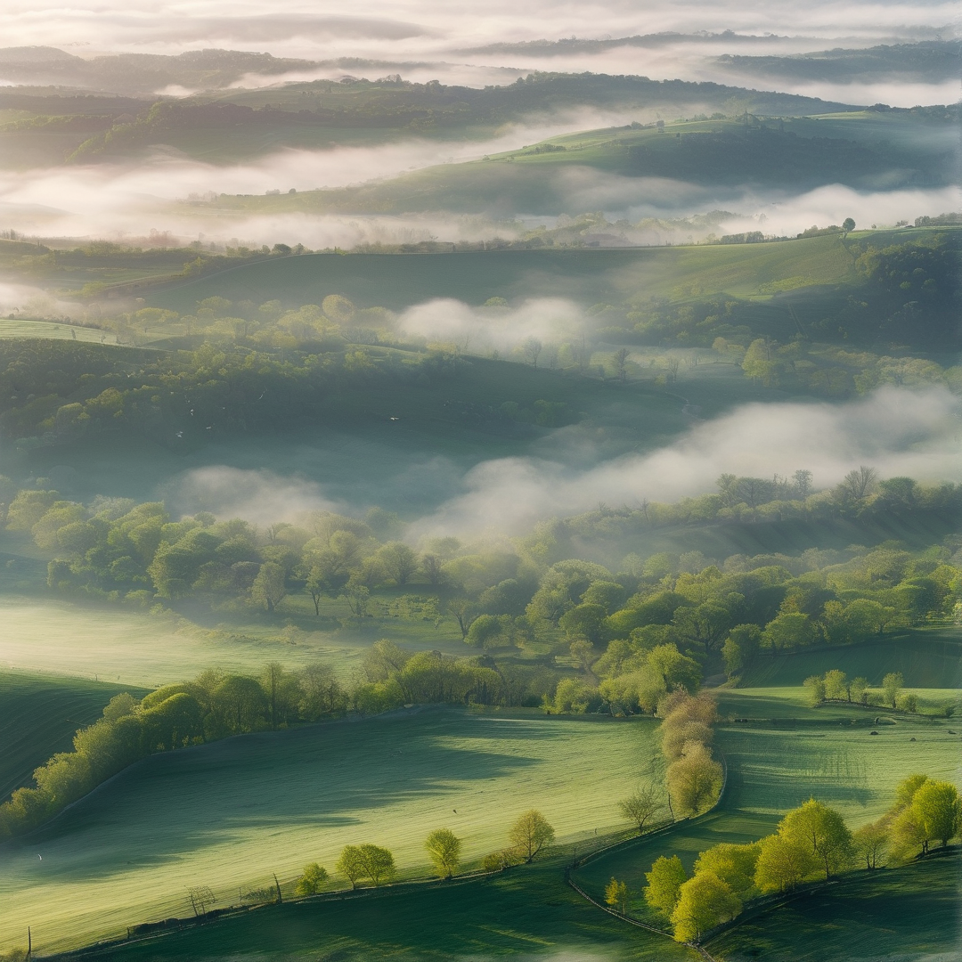 Aerial view of lush valleys filled with drifting fog, trees, and golden morning rays casting long shadows.