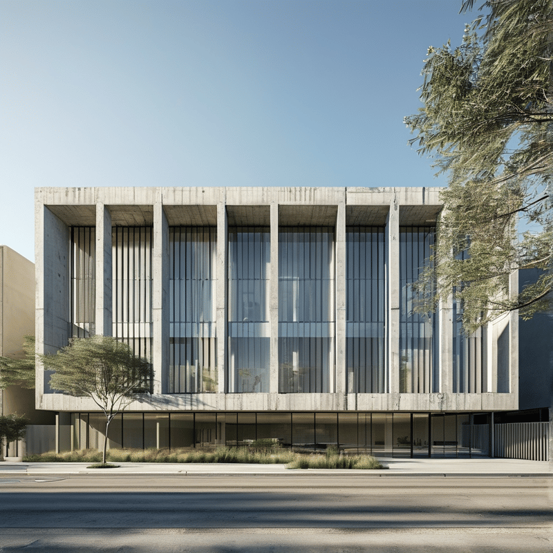 A modern concrete building with vertical columns and glass windows stands under a clear blue sky with trees.
