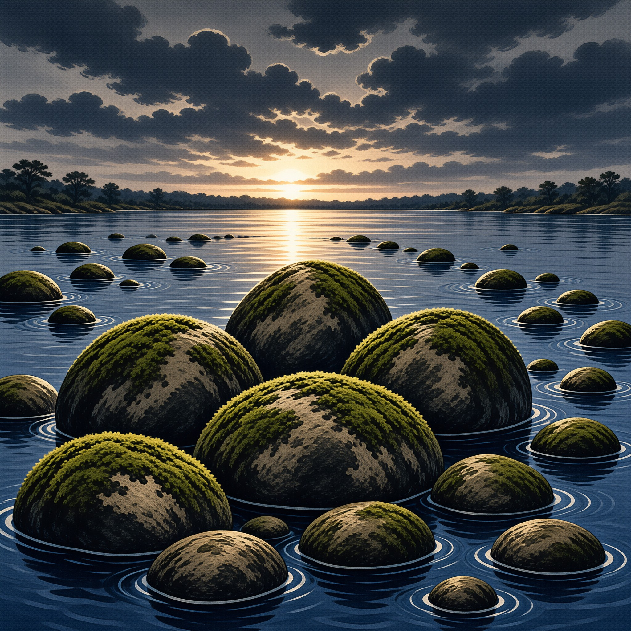 Large moss-covered stones float in a calm lake during a dramatic sunset with dark clouds overhead.