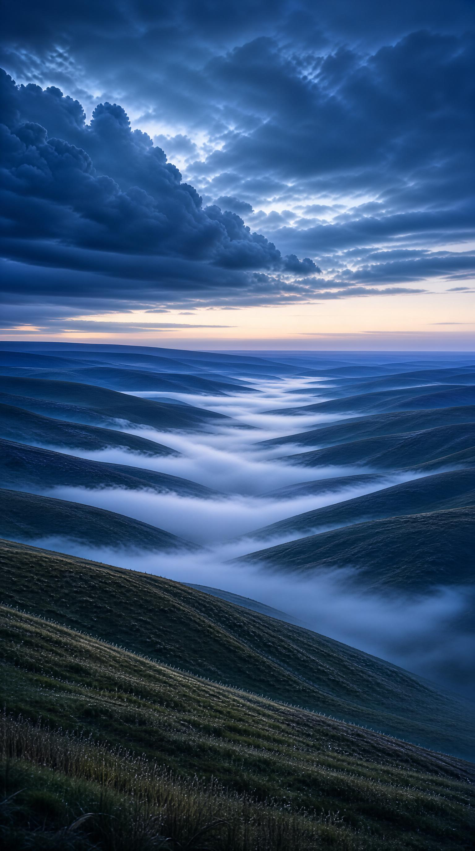 Rolling Hills at Dawn with Fog