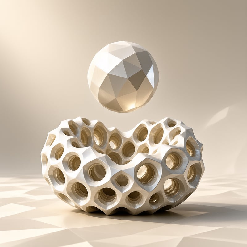 A white faceted sphere floats above a complex porous shell resting on a geometric floor with soft warm lighting.