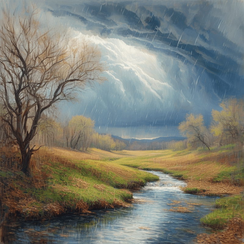 A winding river flows through a green valley while dark storm clouds release rain over the landscape.