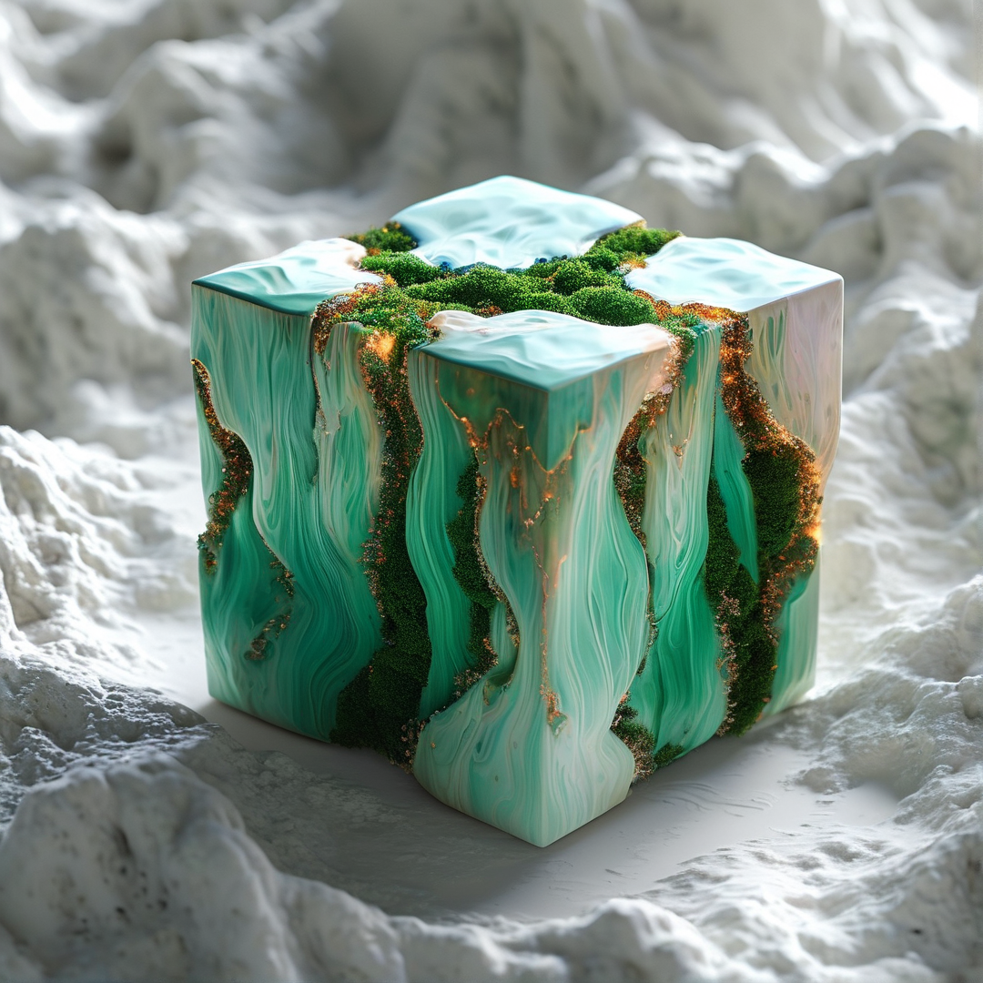 A textured green and gold cube sits isolated in a white sandy landscape with mossy top details.