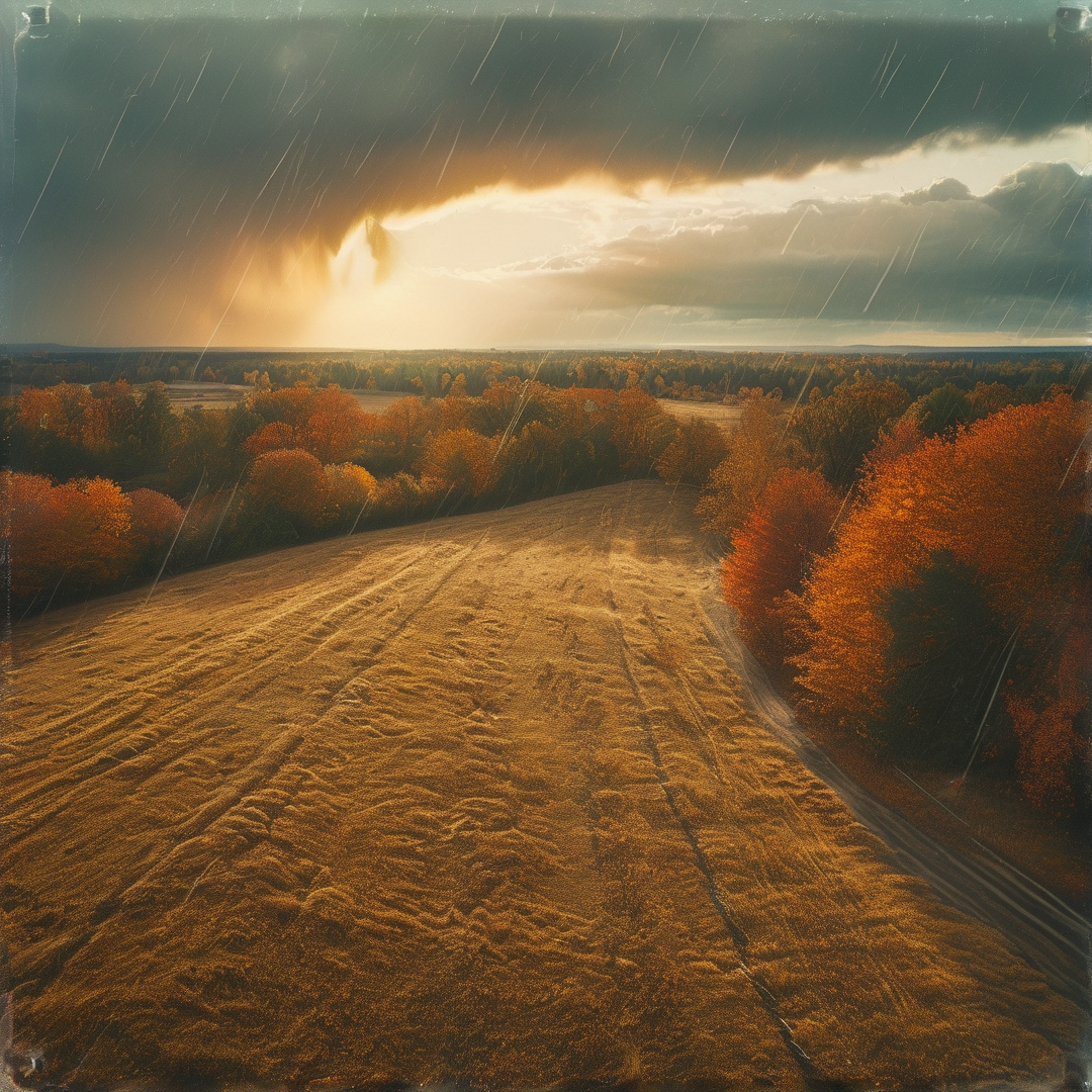 A muddy track winds through a golden field bordered by fiery autumn trees while rain falls and sunlight breaks through clouds.
