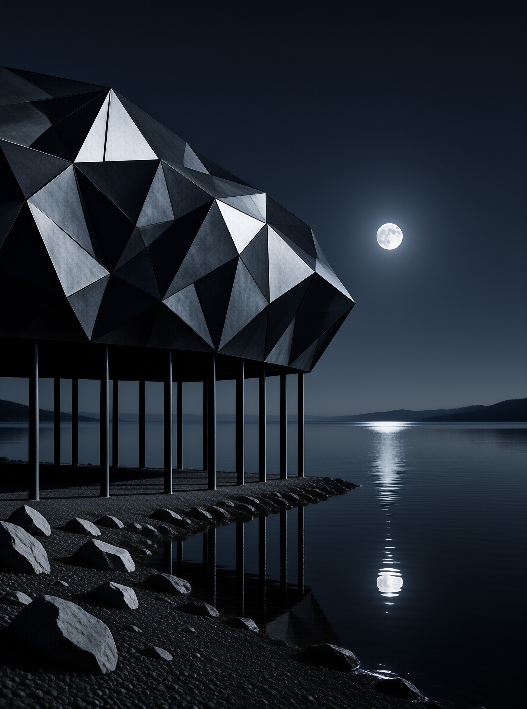 A faceted metal dome on stilts overlooks a calm lake with a bright full moon reflecting on the water.