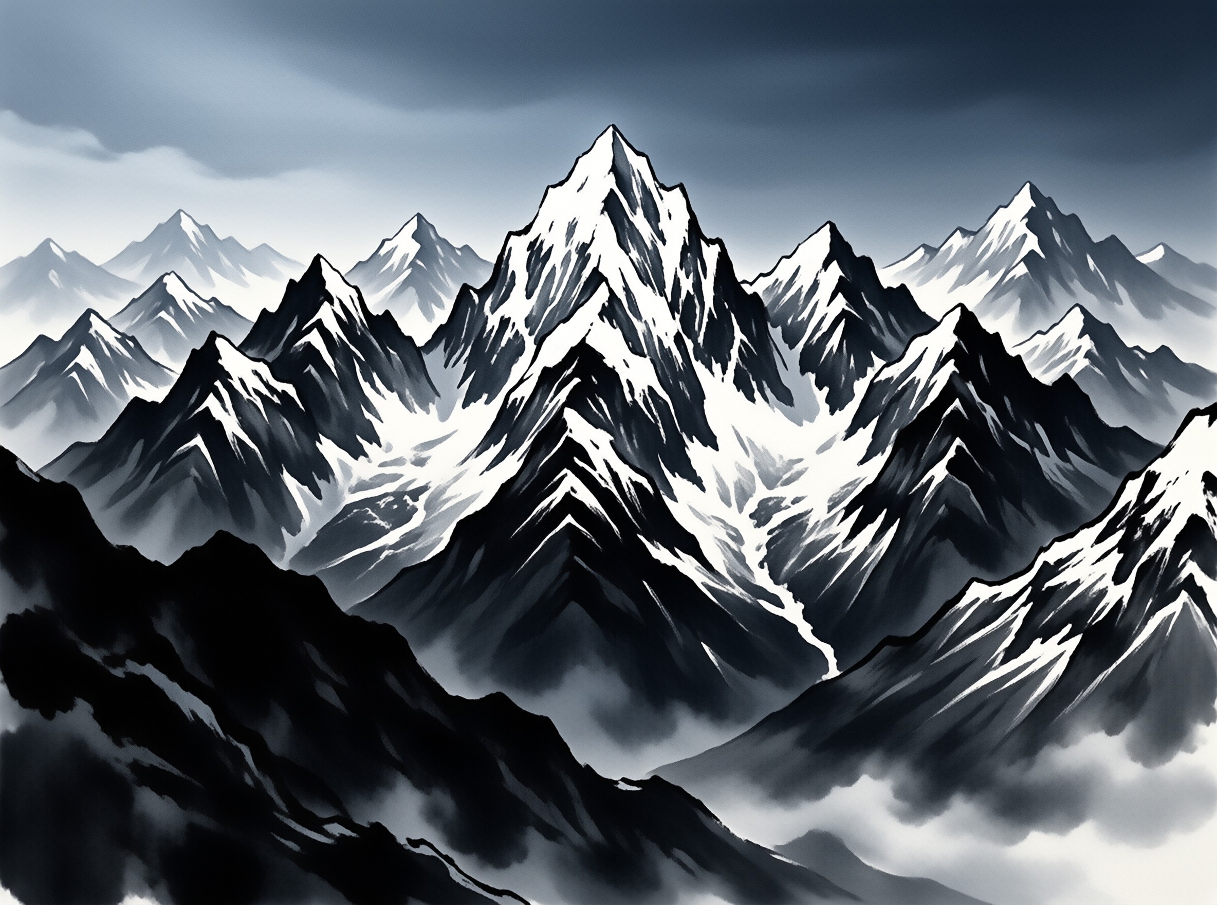 Sharp white mountain peaks stand out against a moody blue sky with dark rocky slopes in the foreground.